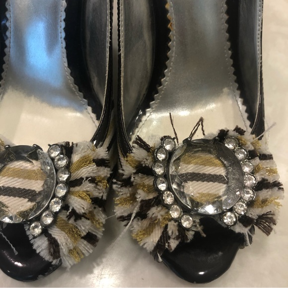 Tribeca peep-toe pumps, large rhinestone bling, white, gold, brown stripes, Sz 7 - Picture 12 of 13